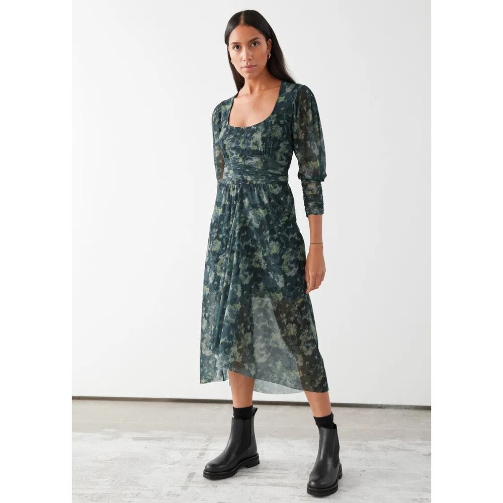 & Other Stories Gathered Square Neck Green Floral Midi Dress